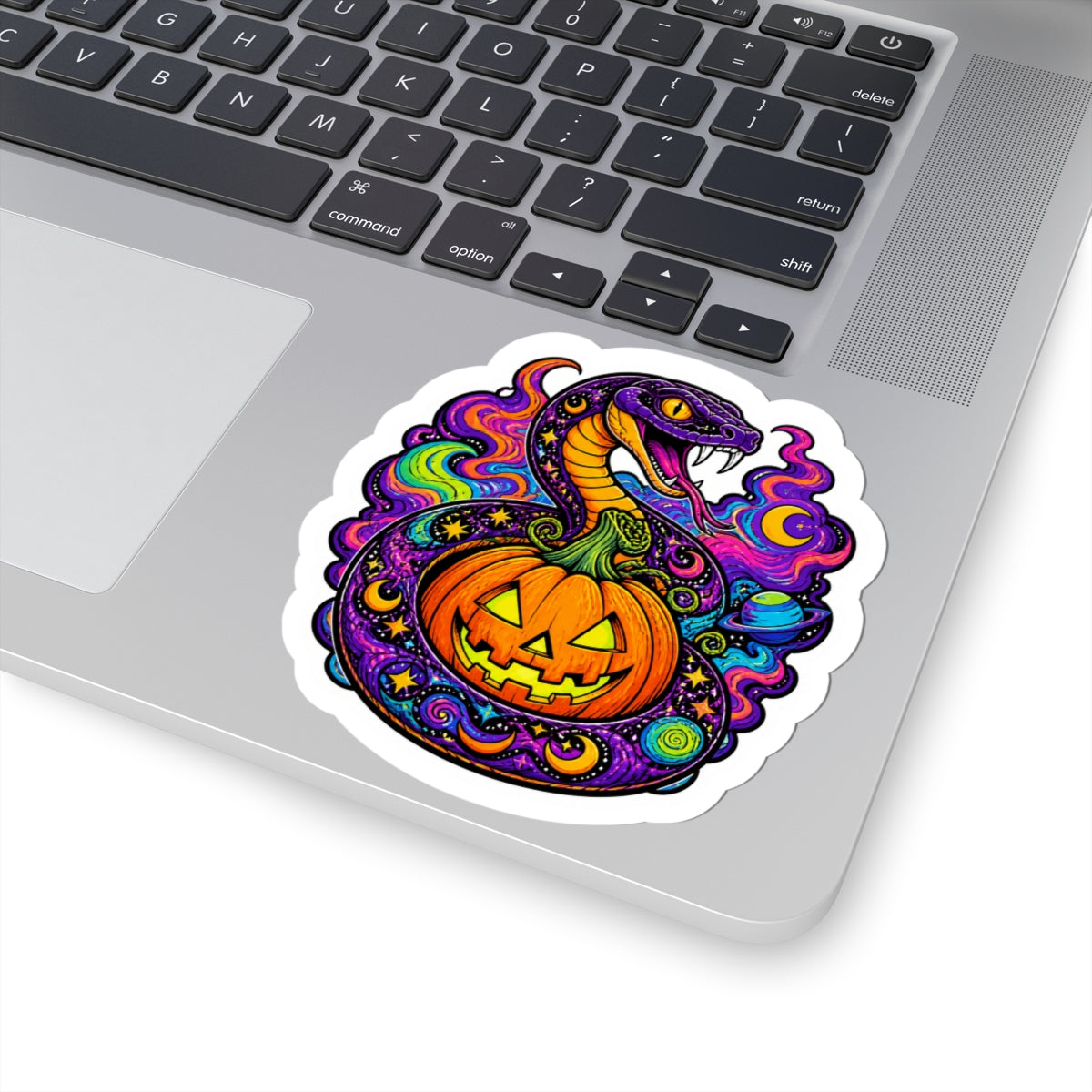 Halloween Pumpkin Snake Sticker — Psychedelic Jack-O’-Lantern Kiss-Cut Decal