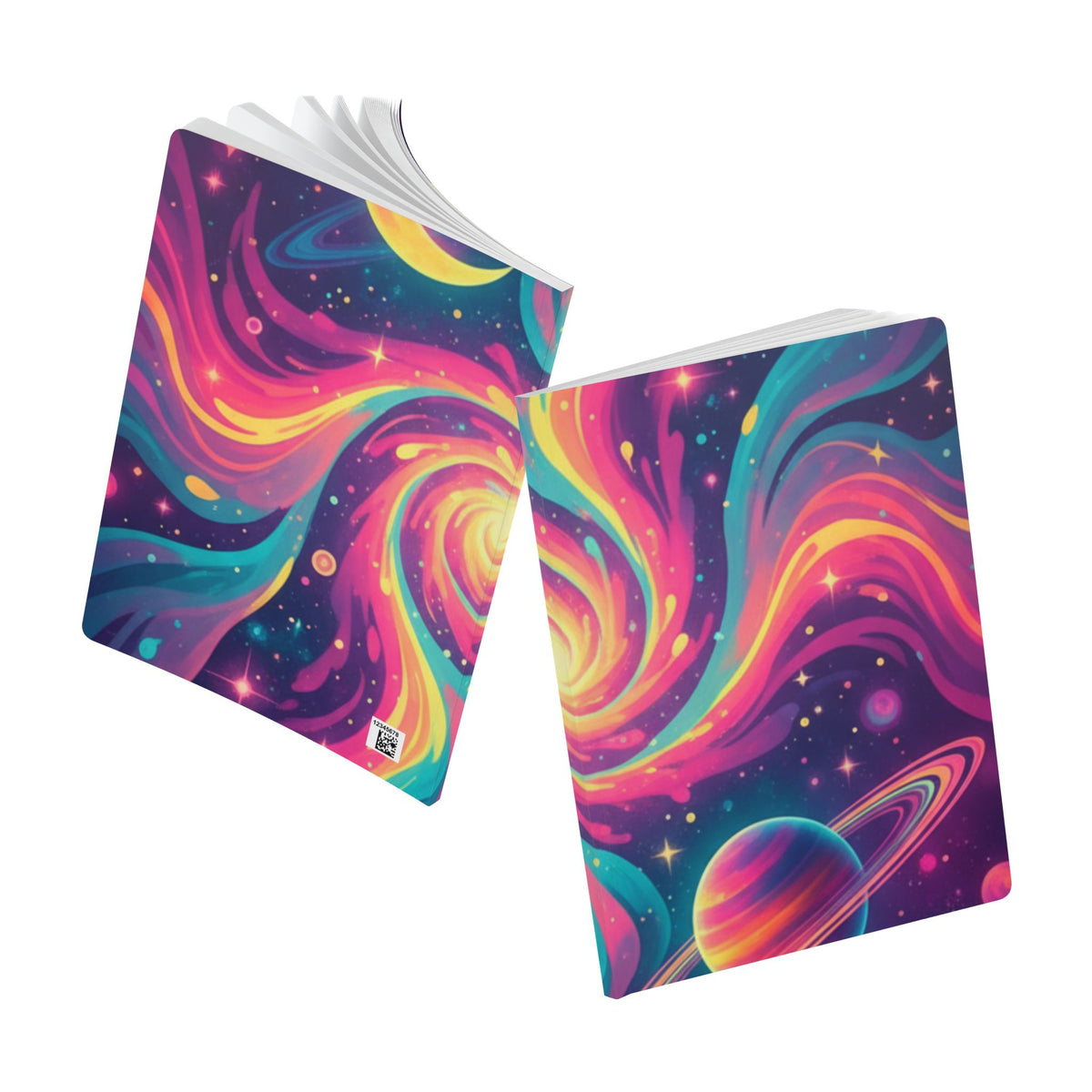 Cosmic Swirl Softcover Journal — Neon Galaxy Moon & Planets Notebook