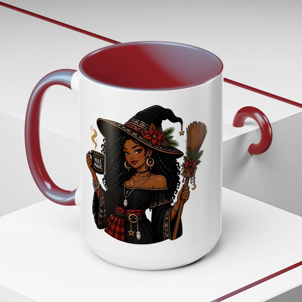 Witchy Christmas Coffee Mug with Black Witch and Broom Design
