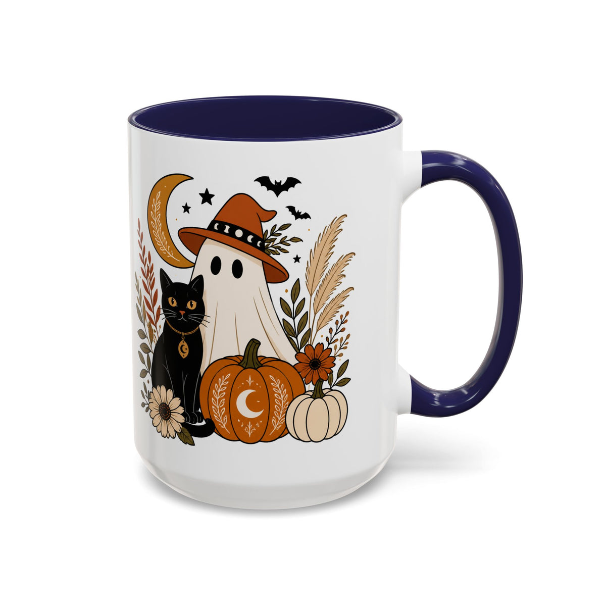 Halloween Ghost & Black Cat Accent Coffee Mug — Spooky Pumpkin Fall Coffee Cup (11/15oz)