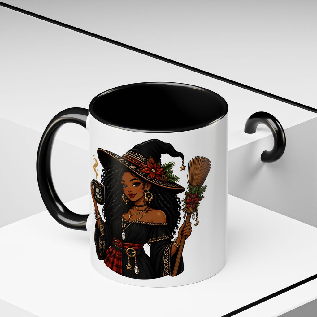 Witchy Christmas Coffee Mug with Black Witch and Broom Design