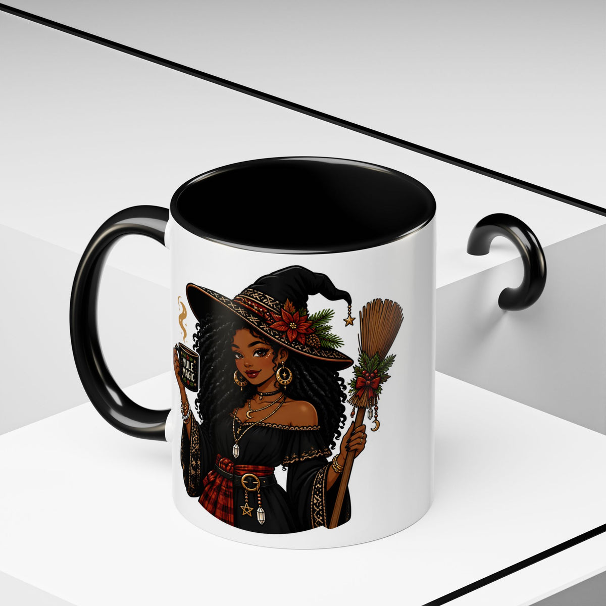 Witchy Christmas Coffee Mug with Black Witch and Broom Design