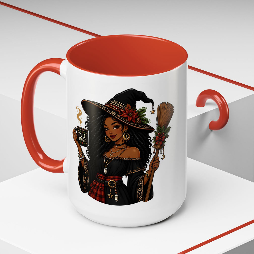 Witchy Christmas Coffee Mug with Black Witch and Broom Design