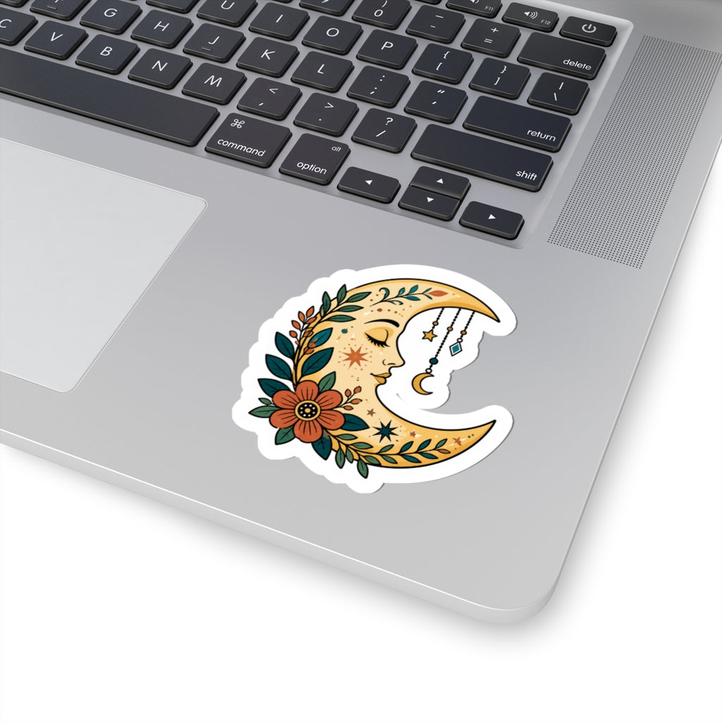 Moon Face Floral Sticker — Boho Crescent Moon Kiss-Cut Decal