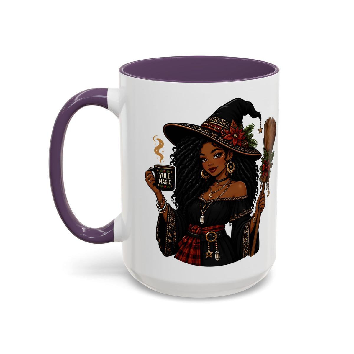 Witchy Christmas Coffee Mug with Black Witch and Broom Design