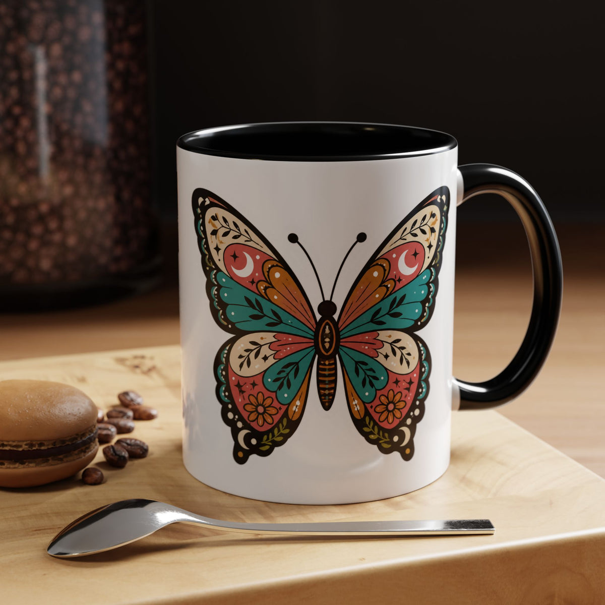 Butterfly Accent Coffee Mug — Colorful Floral Mandala Butterfly Ceramic Mug