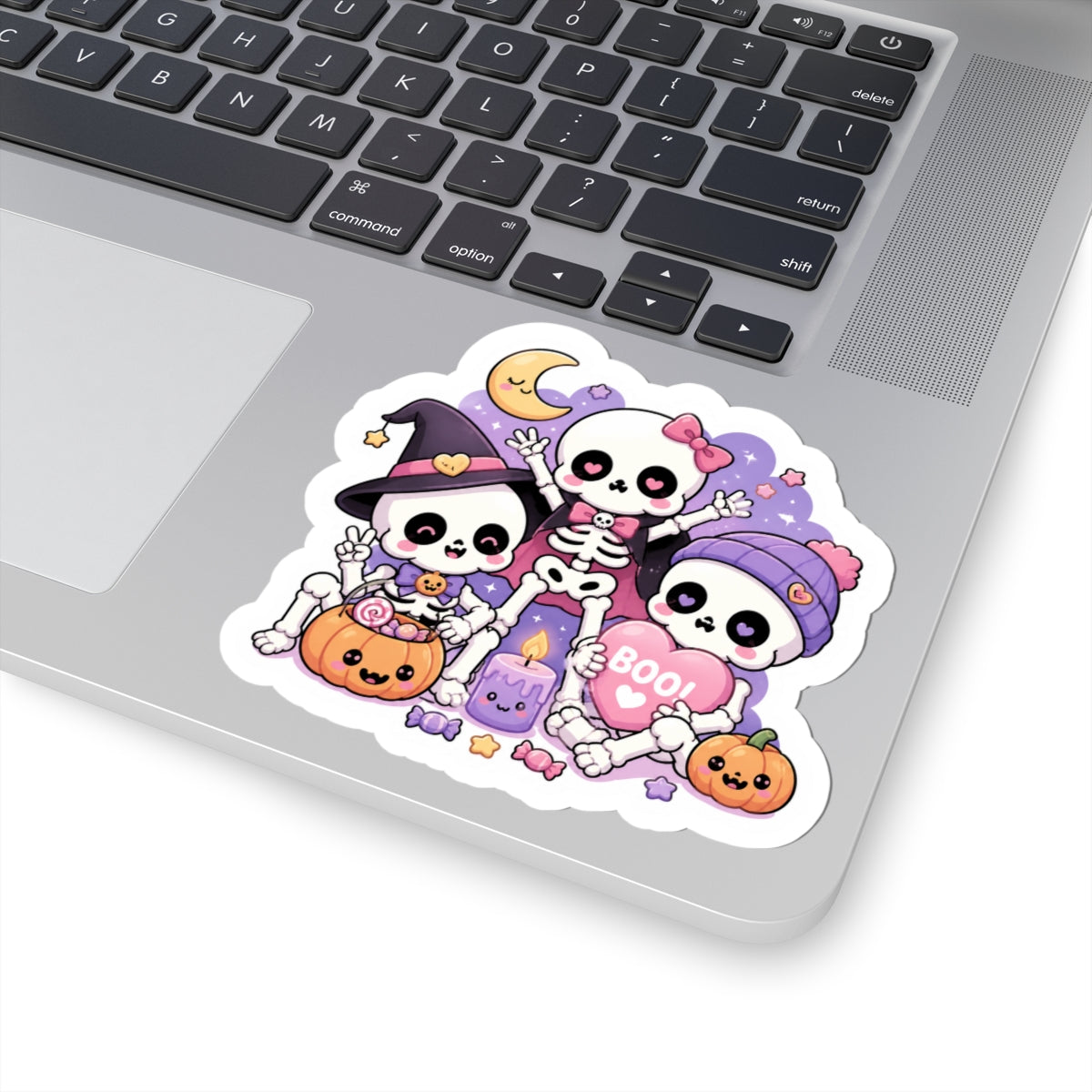 Cute Skeleton Trio Halloween Sticker — Kawaii Boo Kiss-Cut Sticker