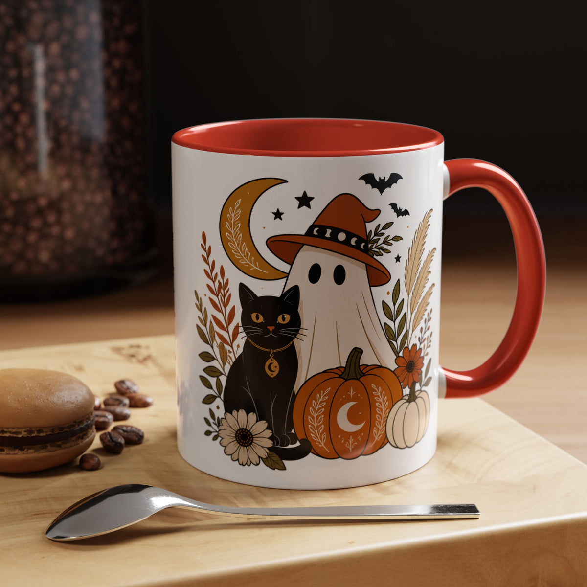 Halloween Ghost & Black Cat Accent Coffee Mug — Spooky Pumpkin Fall Coffee Cup (11/15oz)