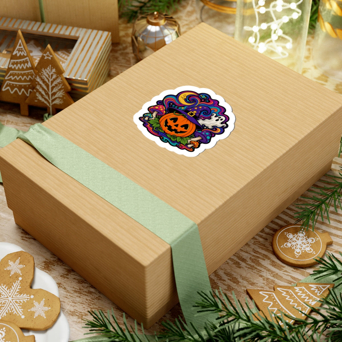 Halloween Pumpkin Witch Hat Kiss-Cut Sticker — Jack-O'-Lantern, Ghost & Psychedelic Mushroom Design