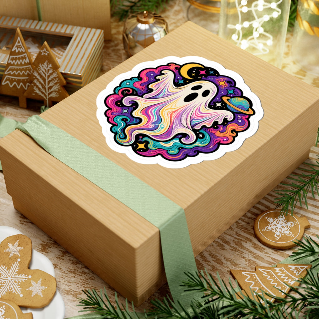 Psychedelic Ghost Sticker — Colorful Cosmic Halloween Kiss-Cut Decal