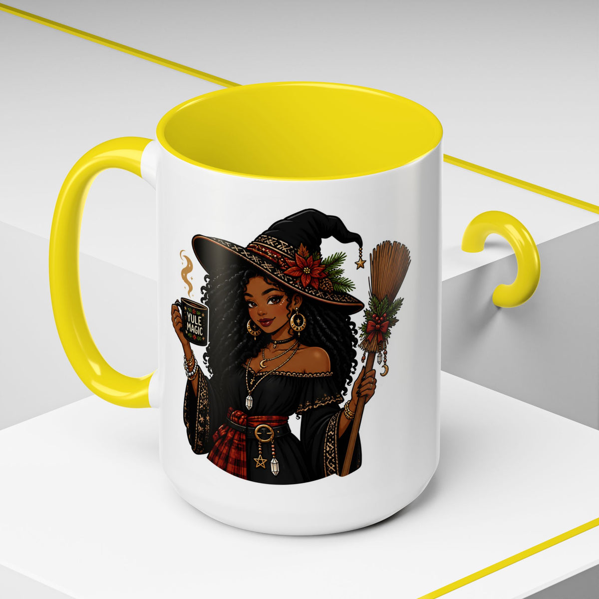 Witchy Christmas Coffee Mug with Black Witch and Broom Design