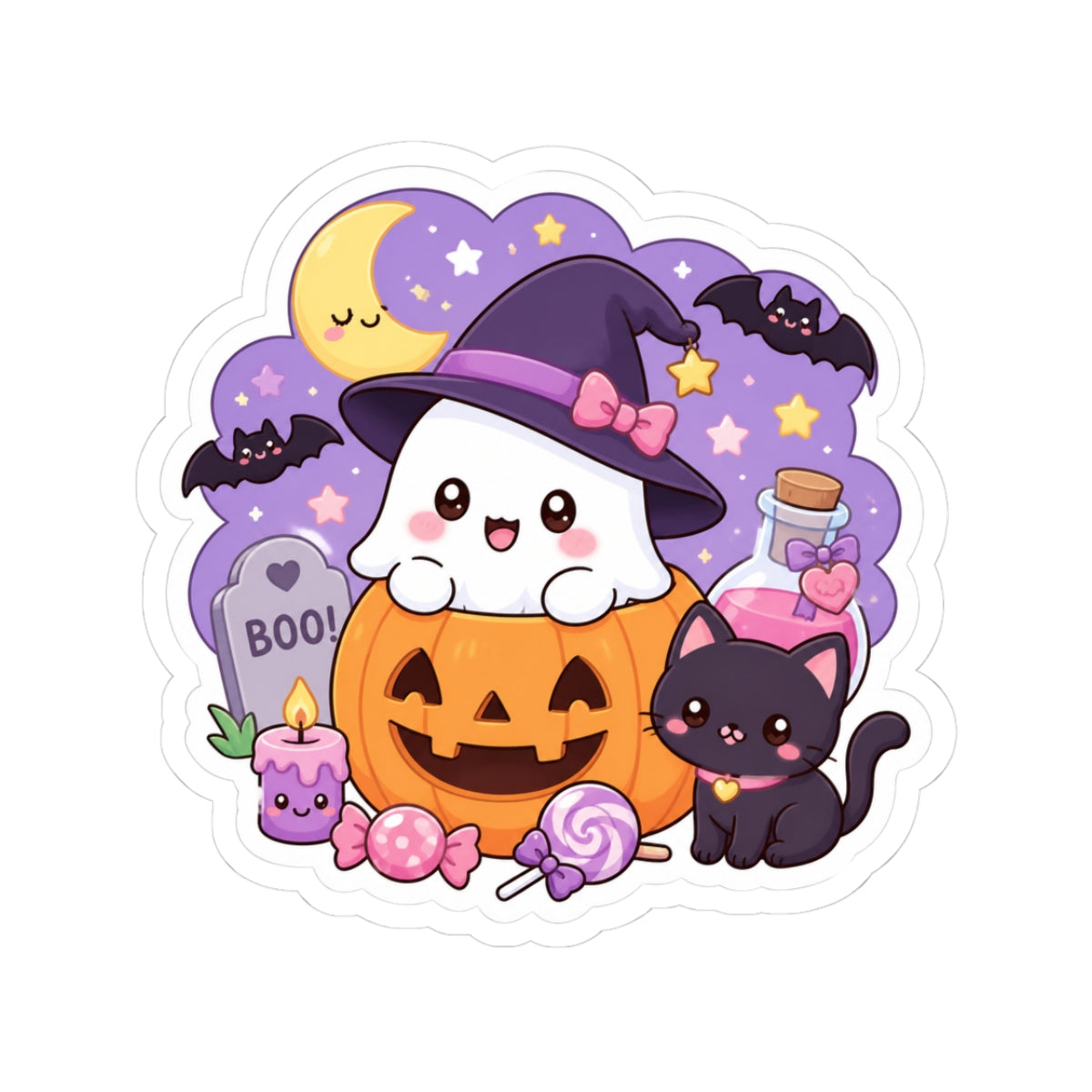 Cute Halloween Ghost & Black Cat Kiss-Cut Sticker — Pumpkin, Candy & Witch Hat Design