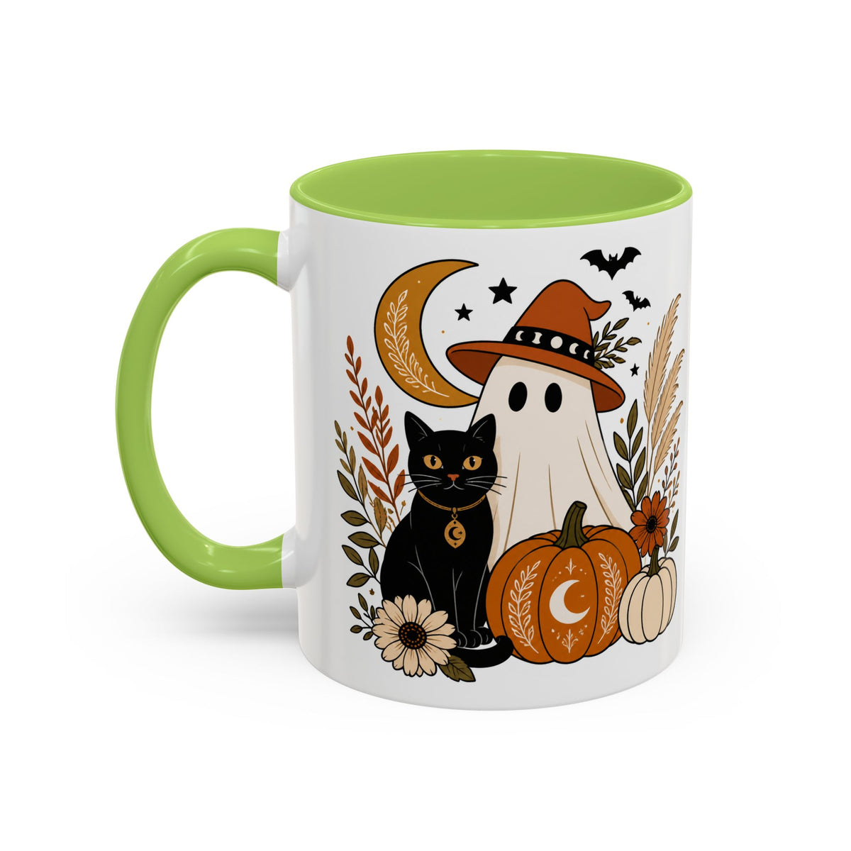 Halloween Ghost & Black Cat Accent Coffee Mug — Spooky Pumpkin Fall Coffee Cup (11/15oz)