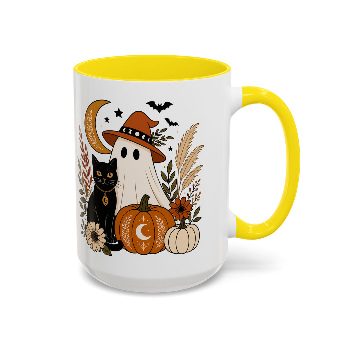Halloween Ghost & Black Cat Accent Coffee Mug — Spooky Pumpkin Fall Coffee Cup (11/15oz)