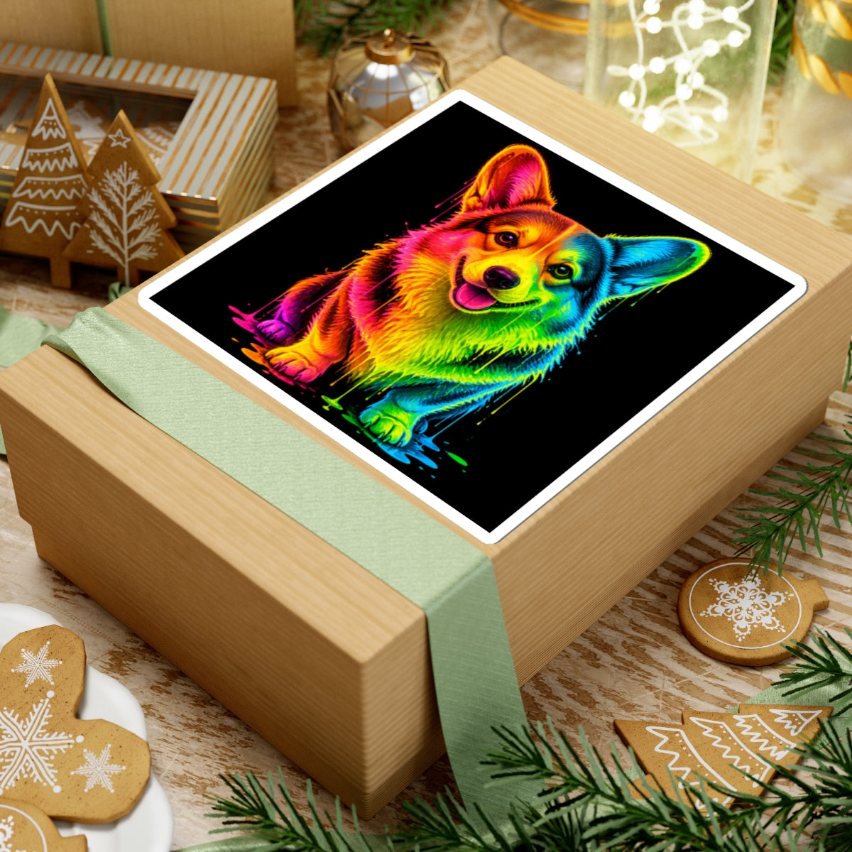 Rainbow Neon Corgi Kiss-Cut Sticker