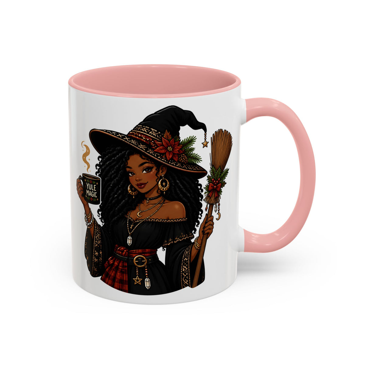 Witchy Christmas Coffee Mug with Black Witch and Broom Design
