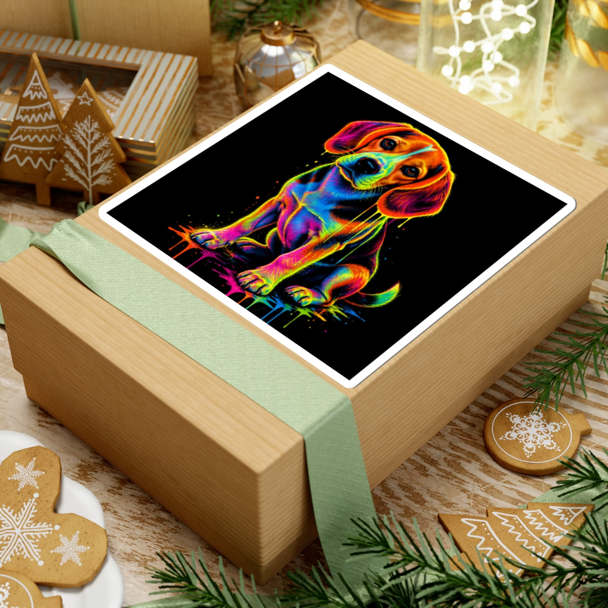 Neon Rainbow Beagle Puppy Kiss-Cut Sticker