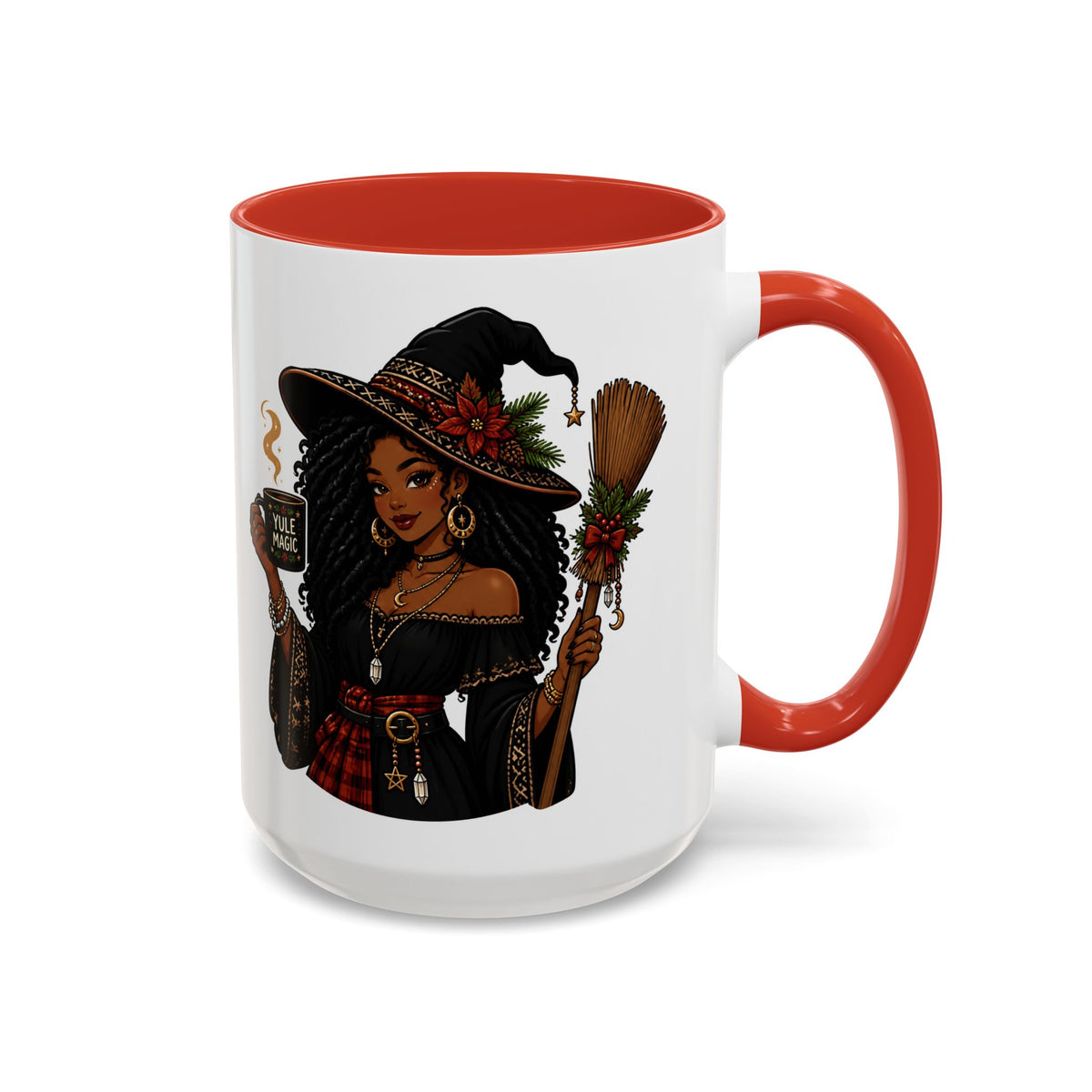 Witchy Christmas Coffee Mug with Black Witch and Broom Design