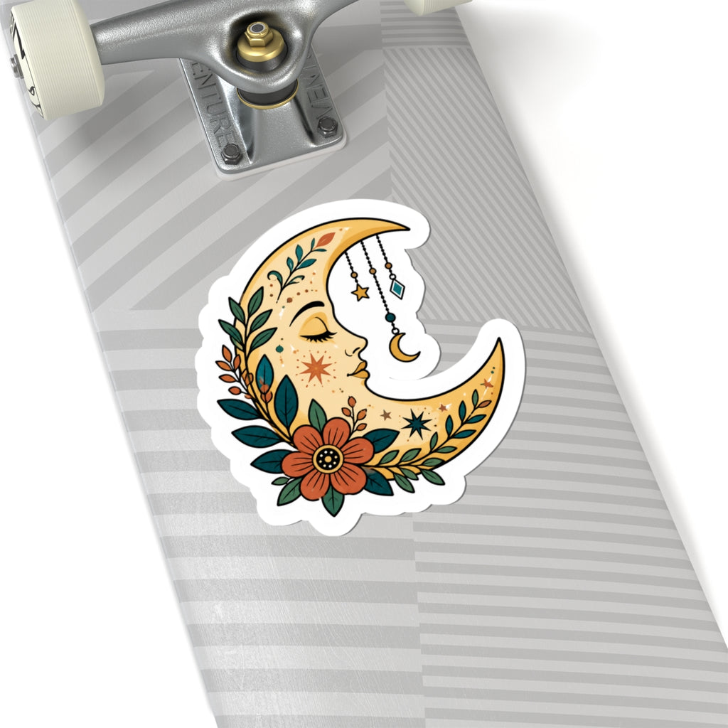 Moon Face Floral Sticker — Boho Crescent Moon Kiss-Cut Decal