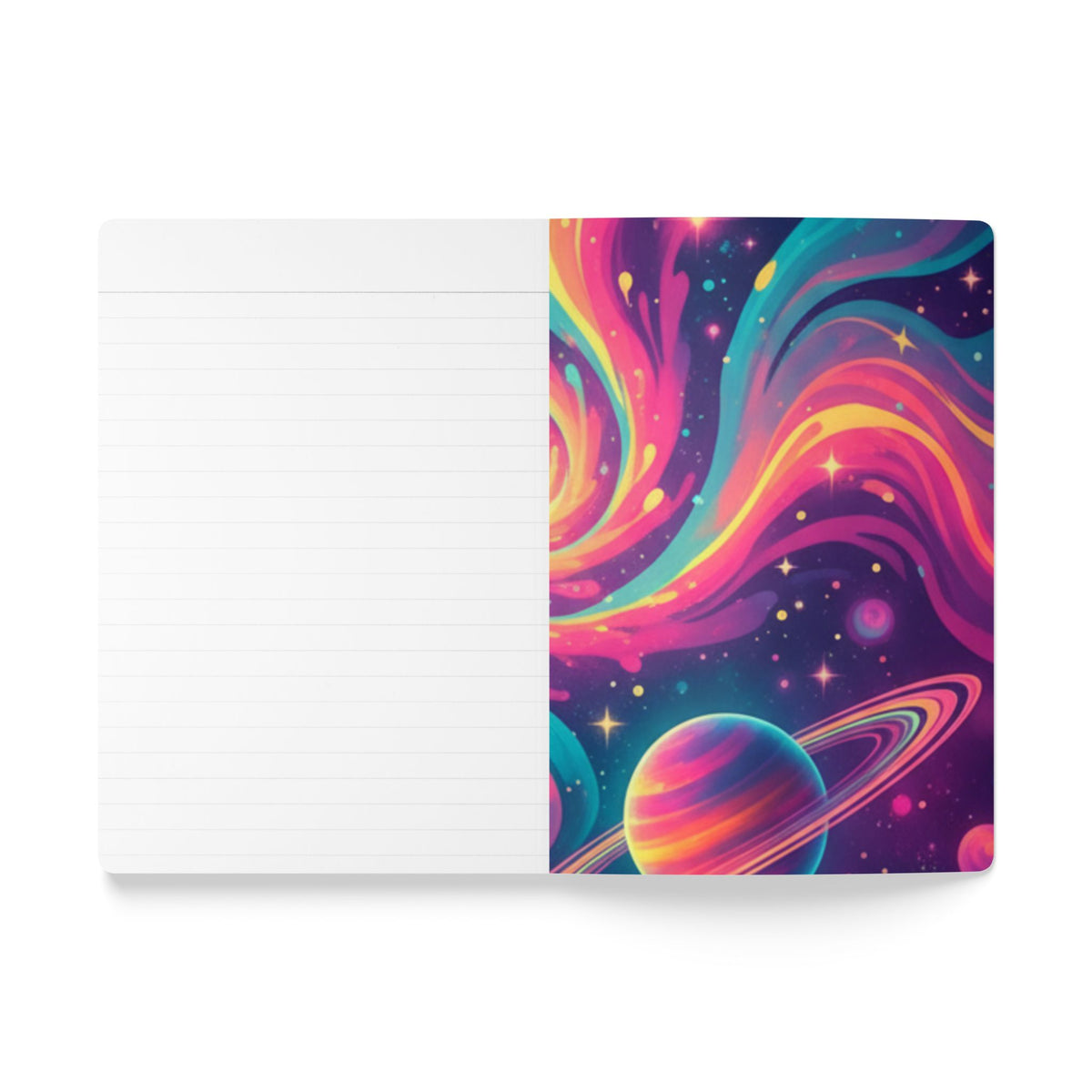 Cosmic Swirl Softcover Journal — Neon Galaxy Moon & Planets Notebook