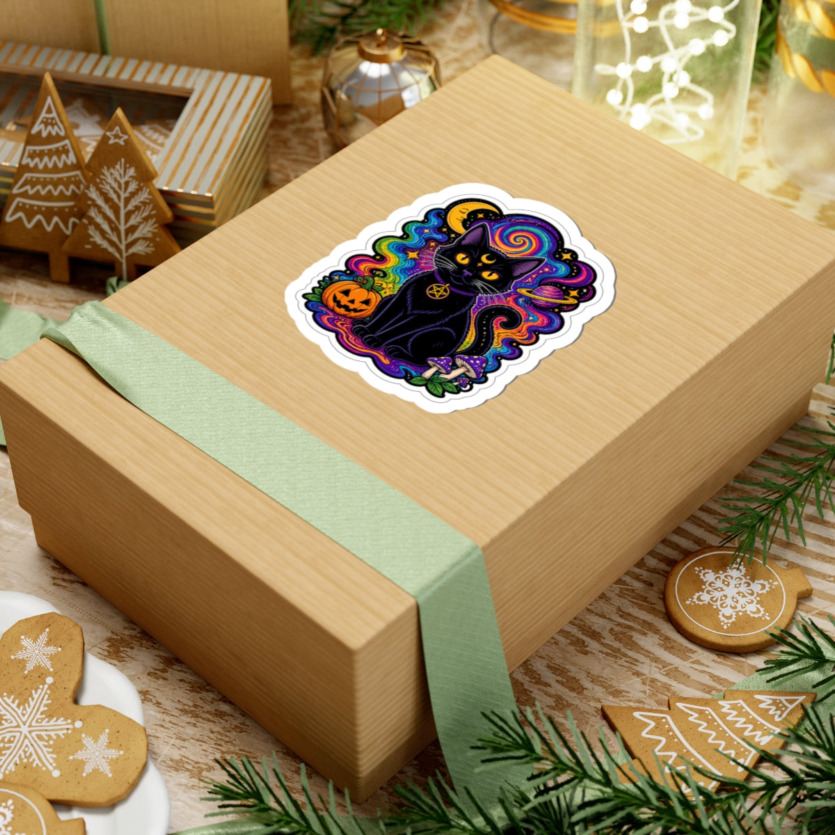 Psychedelic Black Cat Sticker — Halloween Witchy Cat Pumpkin Design