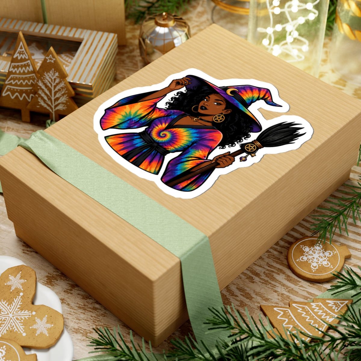 Tie-Dye Witch Sticker — Witch with Rainbow Spell Hat & Broom