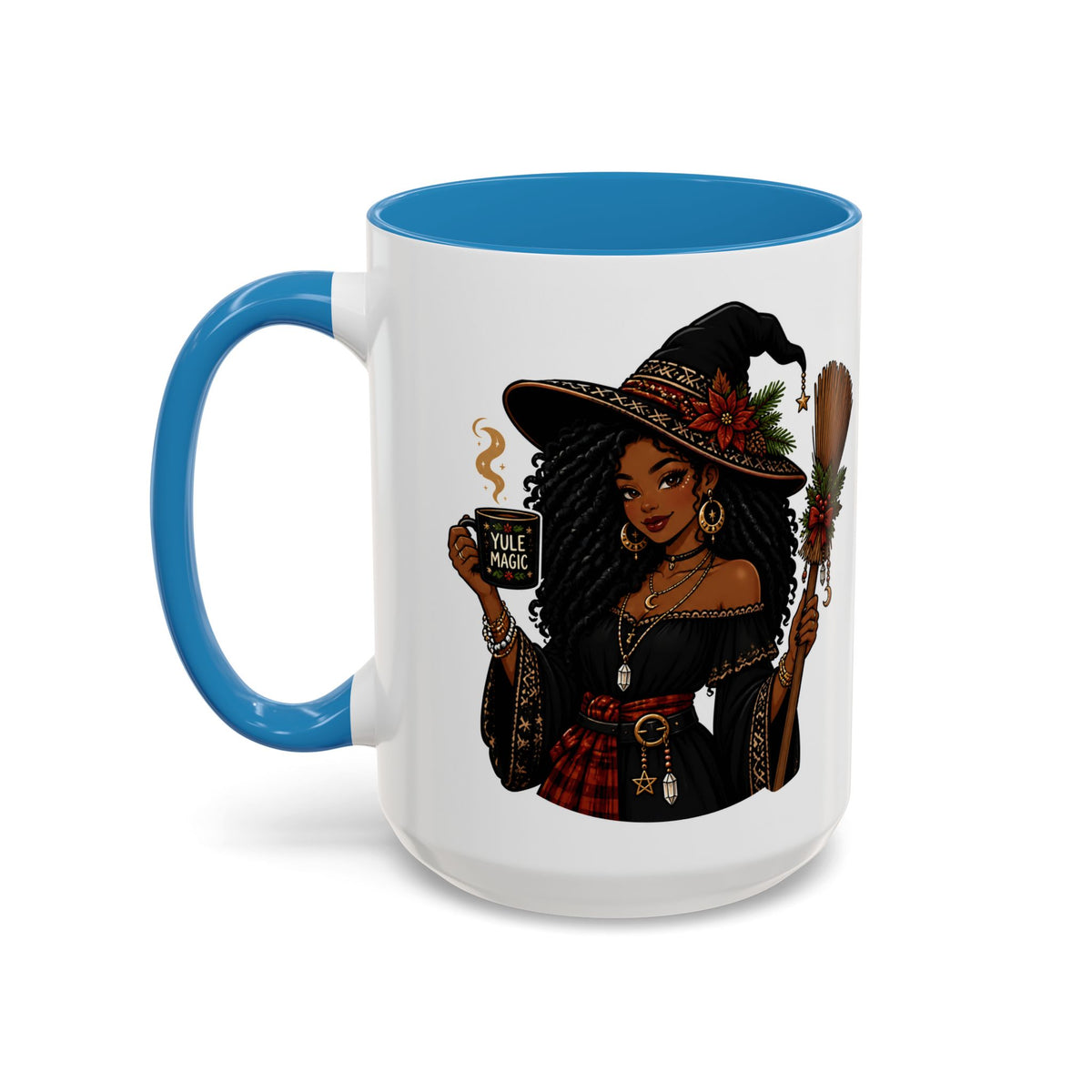 Witchy Christmas Coffee Mug with Black Witch and Broom Design