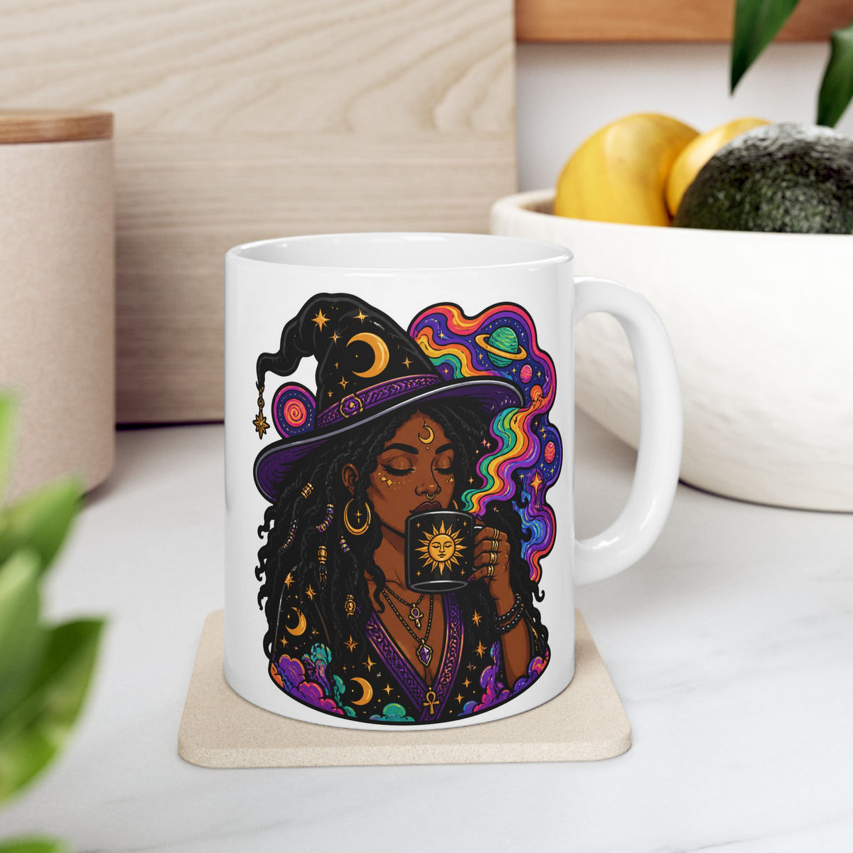Witchy Boho Ceramic Mug — Colorful Mystic Witch Illustration (11oz, 15oz)