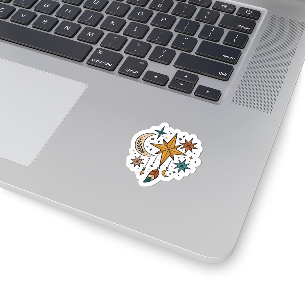 Celestial Dreamcatcher Kiss-Cut Sticker — Moon, Stars & Feather Boho Decal