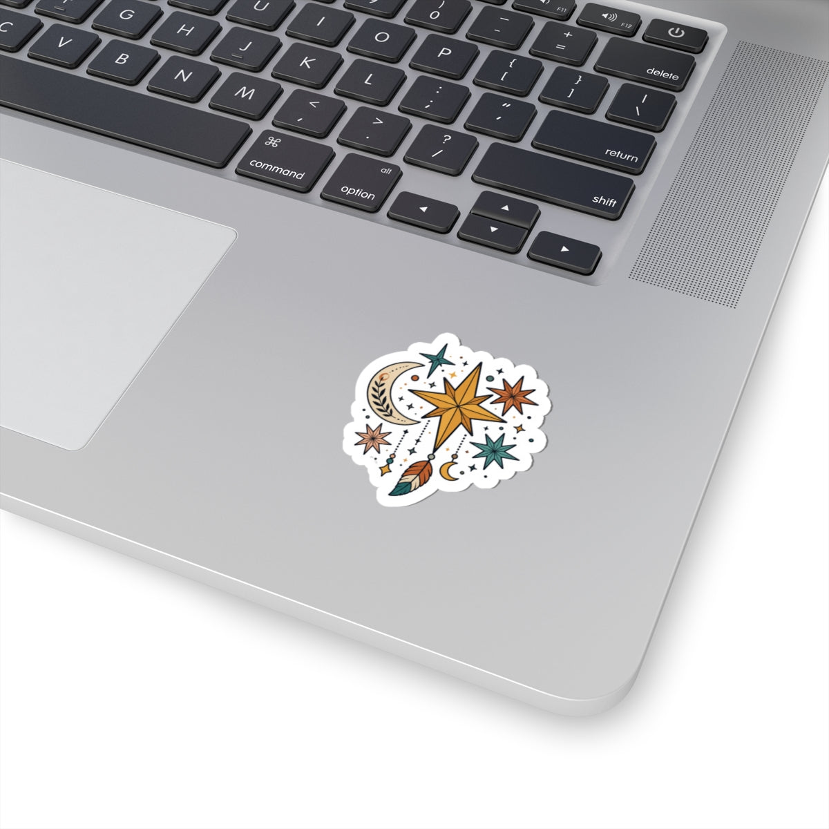 Celestial Dreamcatcher Kiss-Cut Sticker — Moon, Stars & Feather Boho Decal
