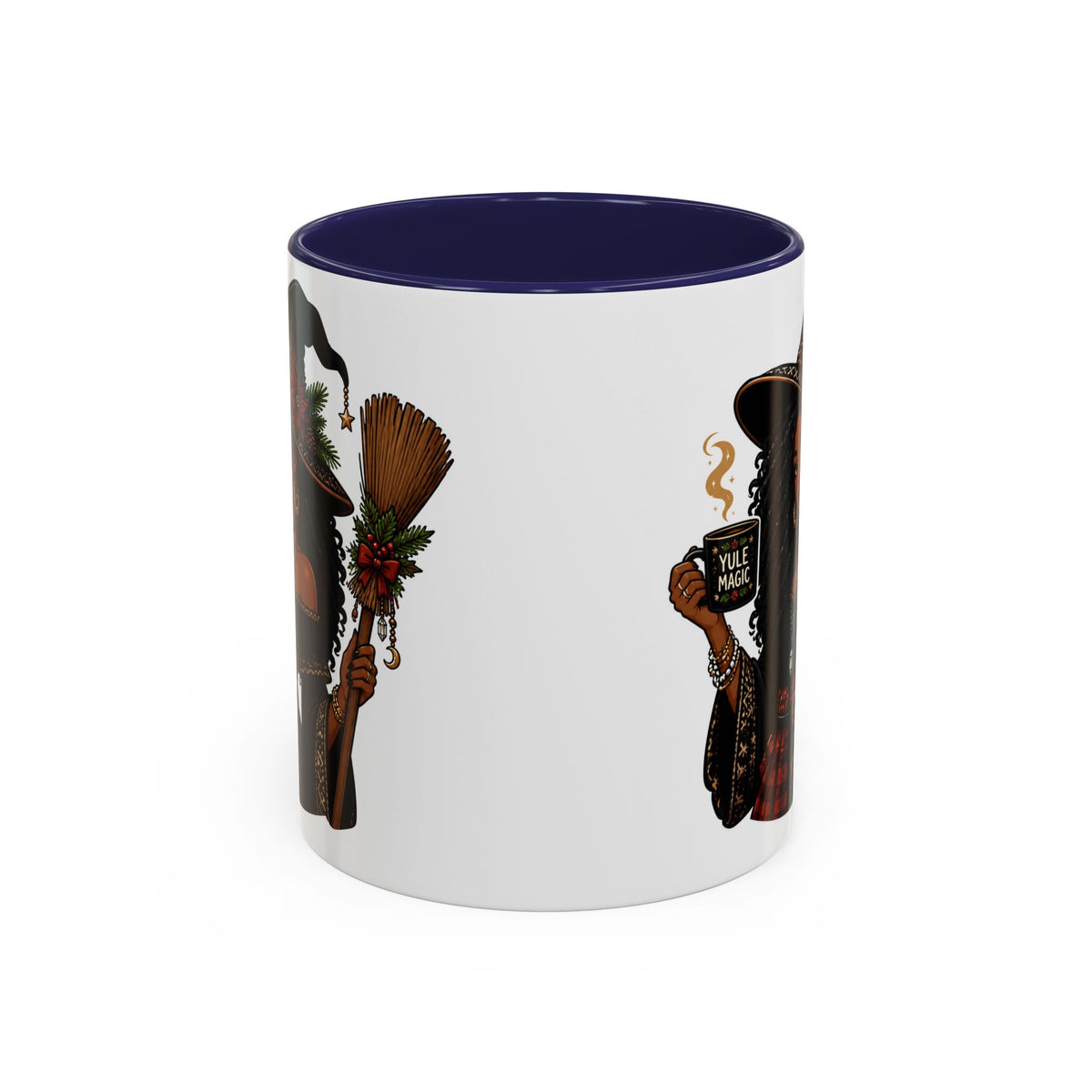 Witchy Christmas Coffee Mug with Black Witch and Broom Design