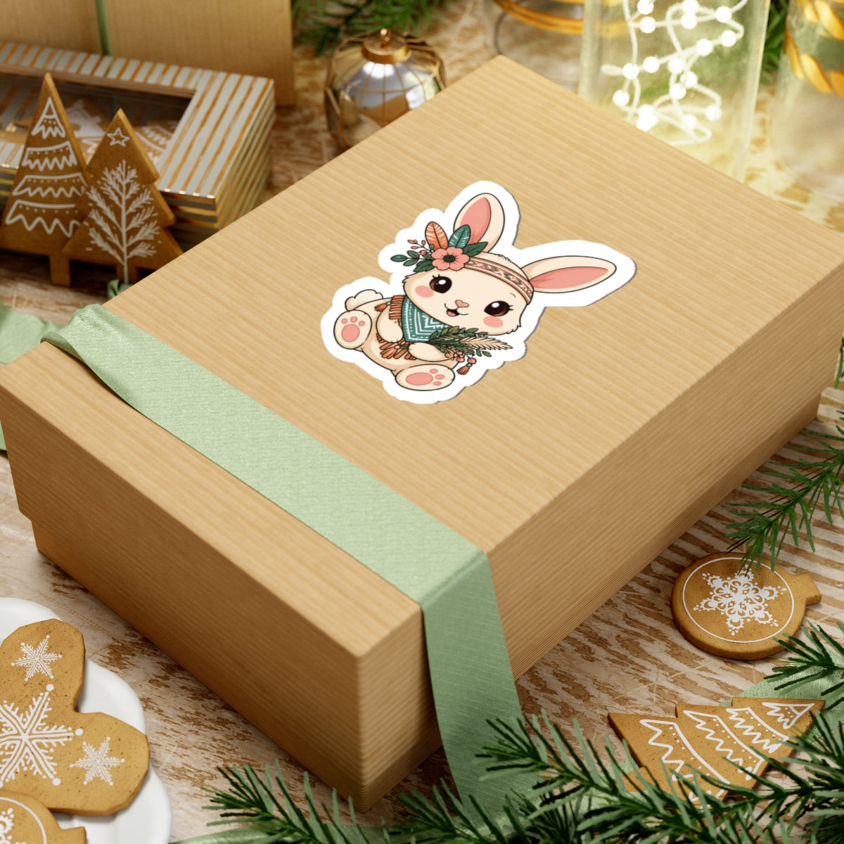Cute Floral Boho Bunny Kiss-Cut Sticker