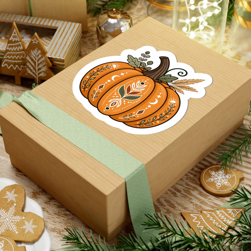Autumn Boho Pumpkin Sticker — Fall Floral Kiss-Cut Decal