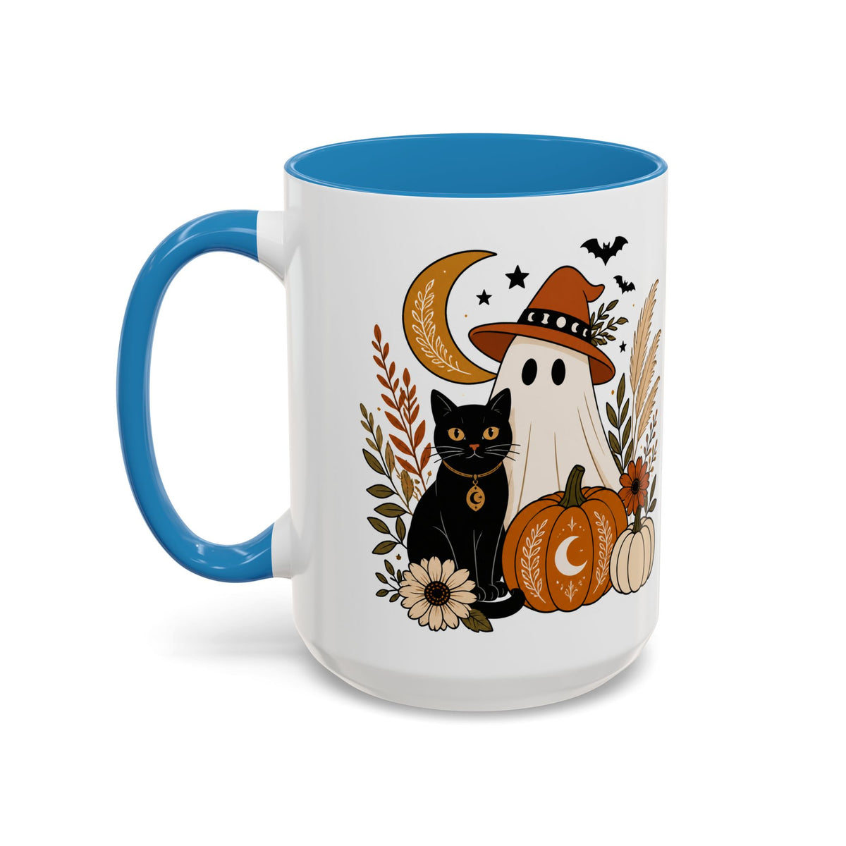 Halloween Ghost & Black Cat Accent Coffee Mug — Spooky Pumpkin Fall Coffee Cup (11/15oz)