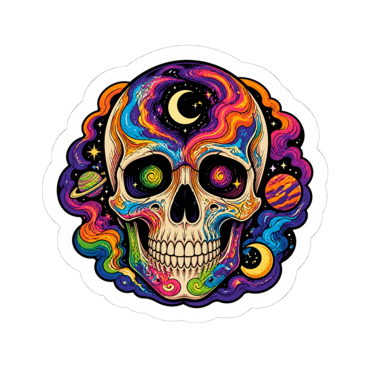 Psychedelic Cosmic Skull Sticker — Colorful Space Skull Kiss-Cut Decal