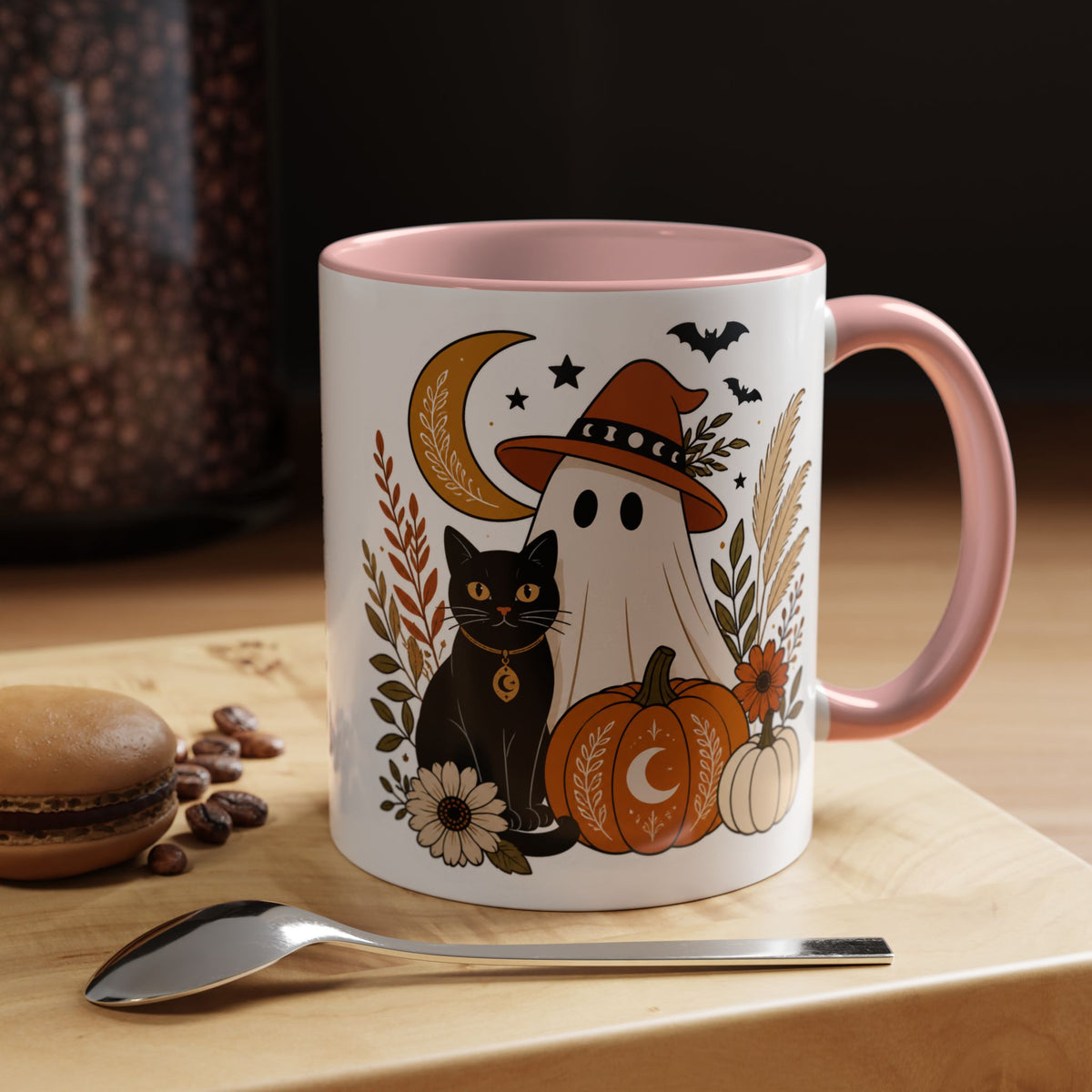 Halloween Ghost & Black Cat Accent Coffee Mug — Spooky Pumpkin Fall Coffee Cup (11/15oz)