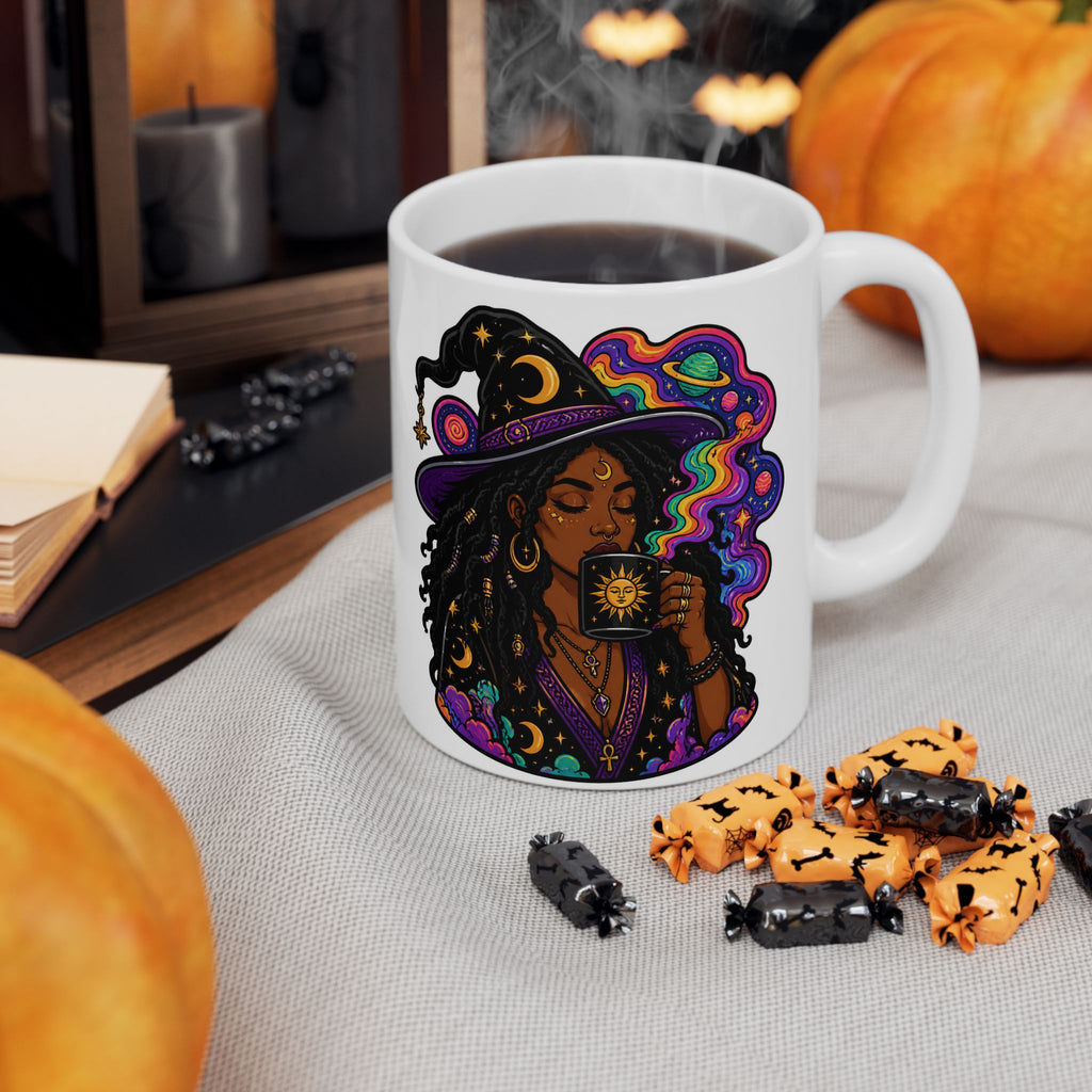 Witchy Boho Ceramic Mug — Colorful Mystic Witch Illustration (11oz, 15oz)