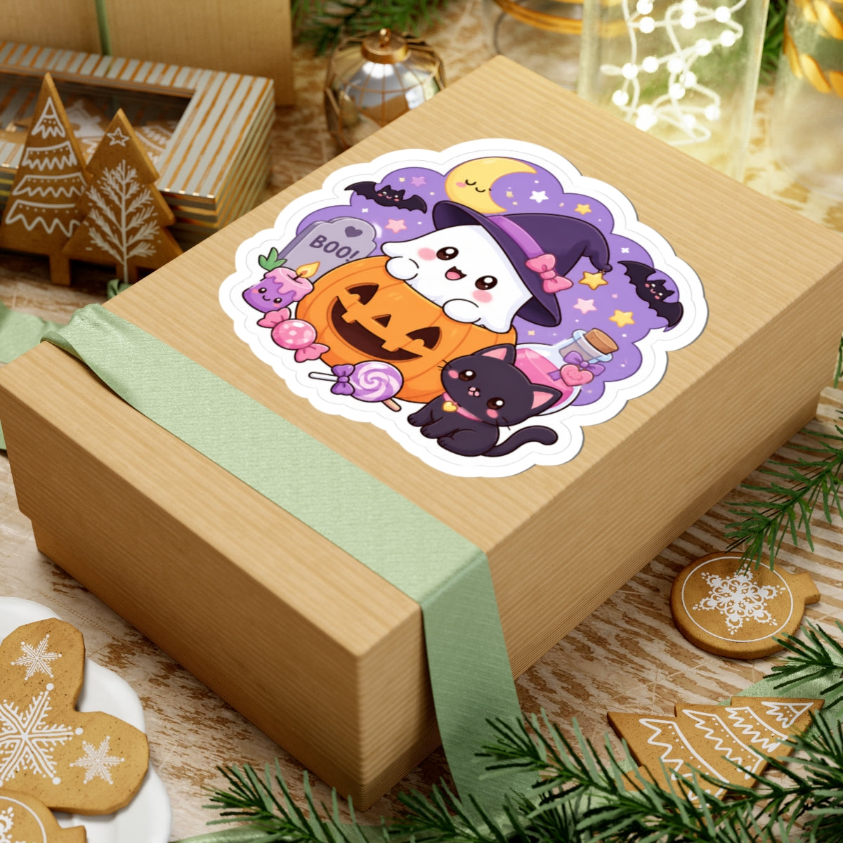 Cute Halloween Ghost & Black Cat Kiss-Cut Sticker — Pumpkin, Candy & Witch Hat Design