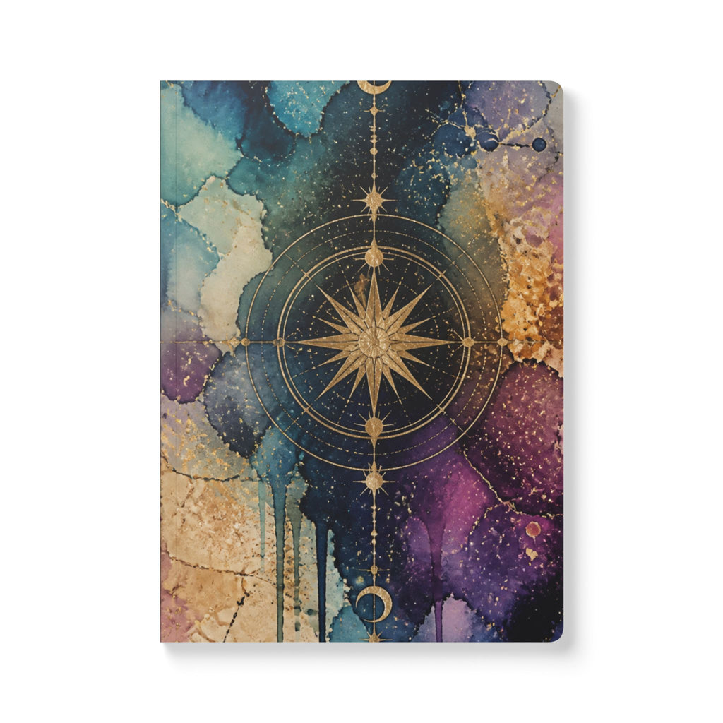 Celestial Compass Softcover Journal — Galaxy Watercolor Notebook with Gold Star Mandala