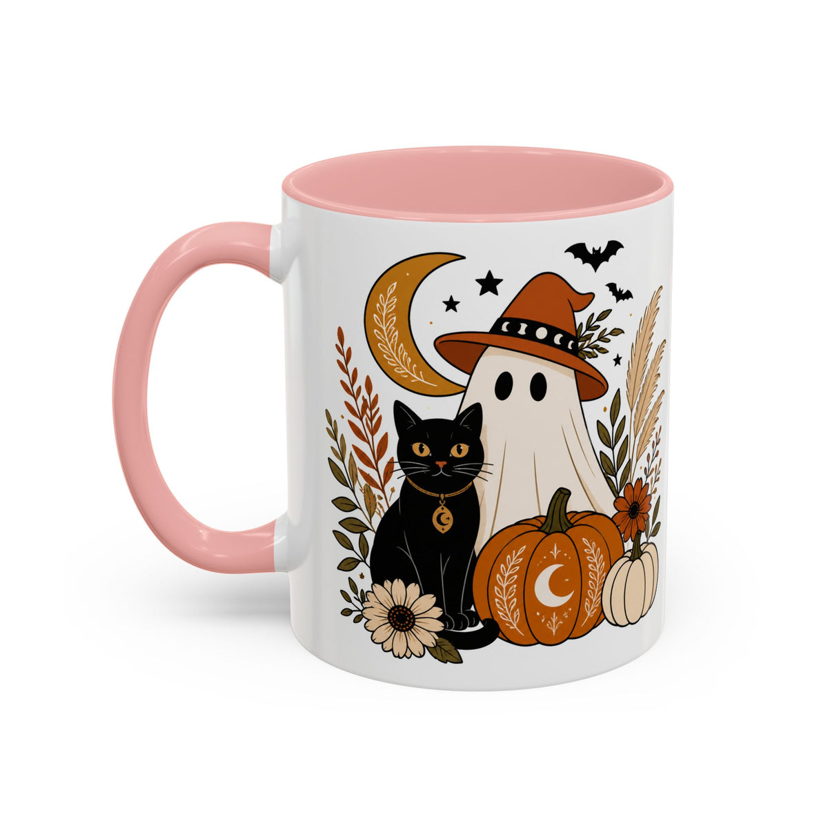 Halloween Ghost & Black Cat Accent Coffee Mug — Spooky Pumpkin Fall Coffee Cup (11/15oz)