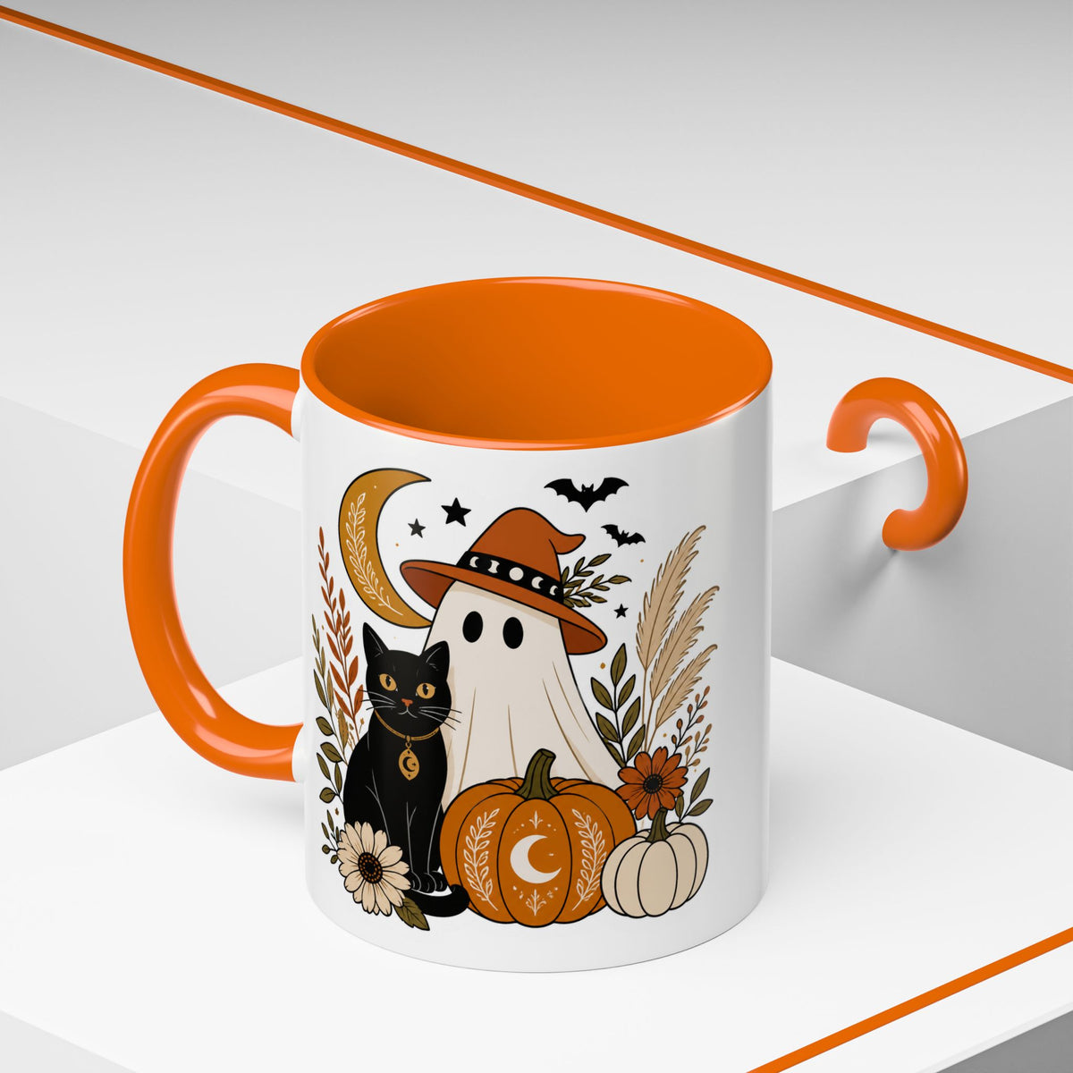 Halloween Ghost & Black Cat Accent Coffee Mug — Spooky Pumpkin Fall Coffee Cup (11/15oz)