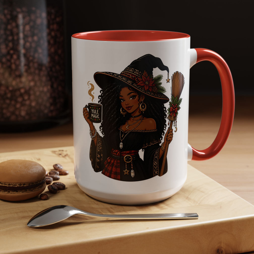 Witchy Christmas Coffee Mug with Black Witch and Broom Design