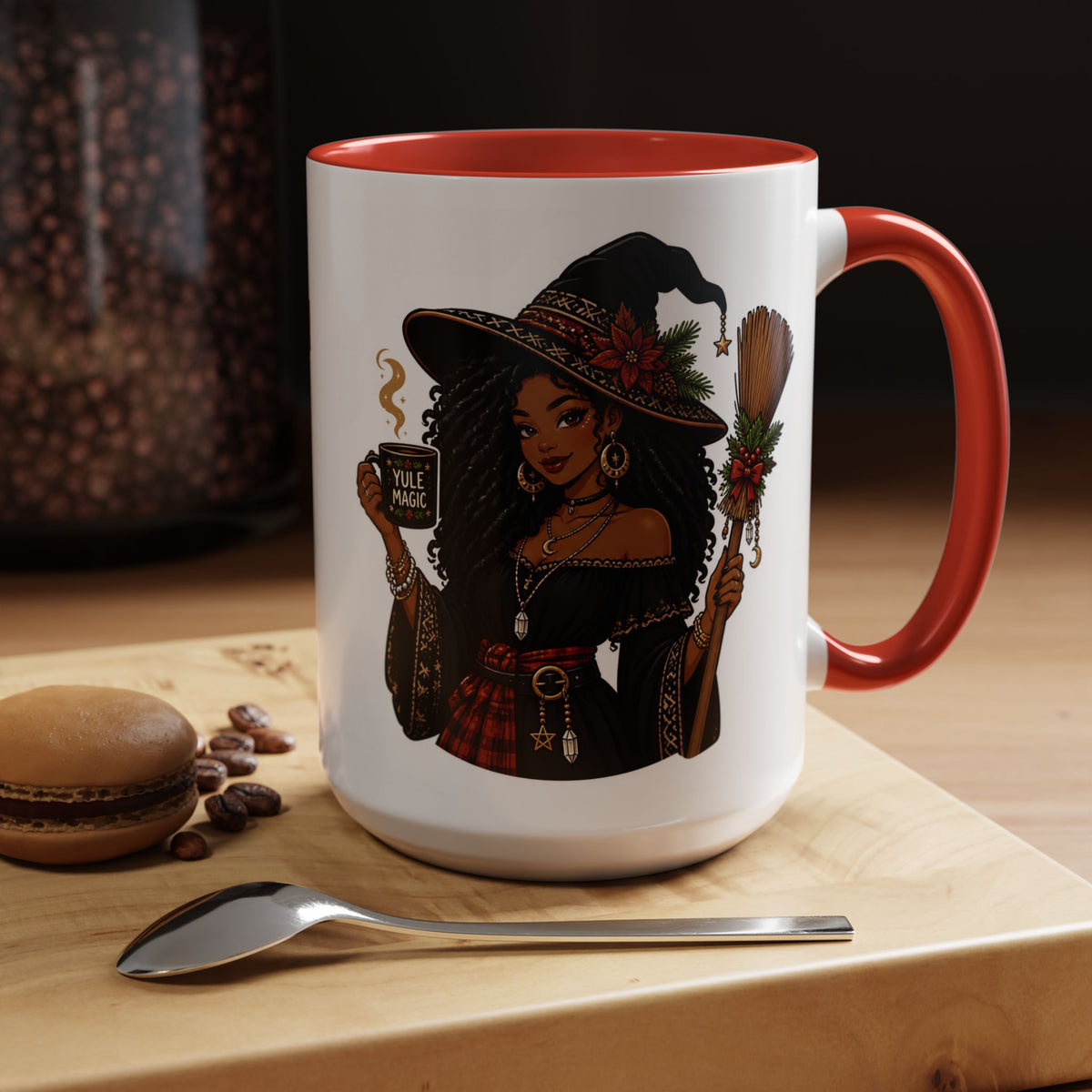 Witchy Christmas Coffee Mug with Black Witch and Broom Design