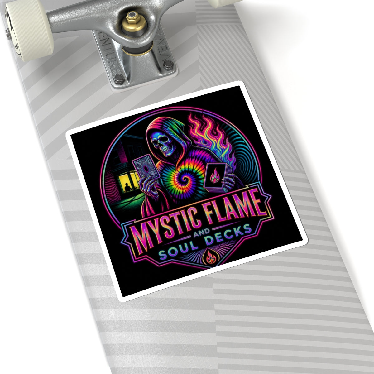 Mystic Flame & Soul Decks Sticker — Neon Grim Reaper Tarot Design