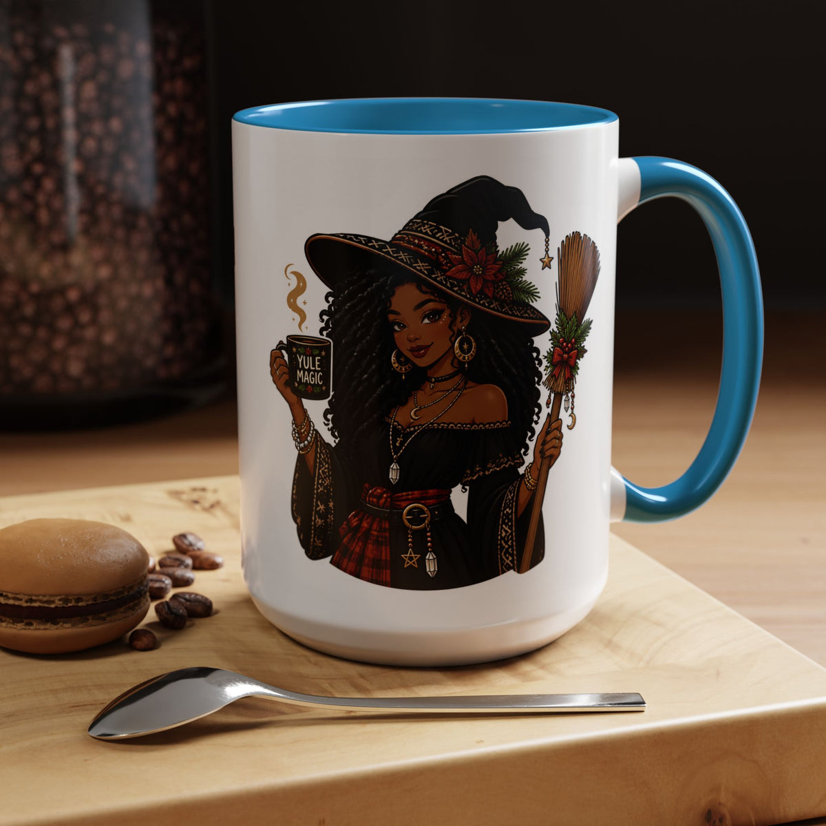 Witchy Christmas Coffee Mug with Black Witch and Broom Design
