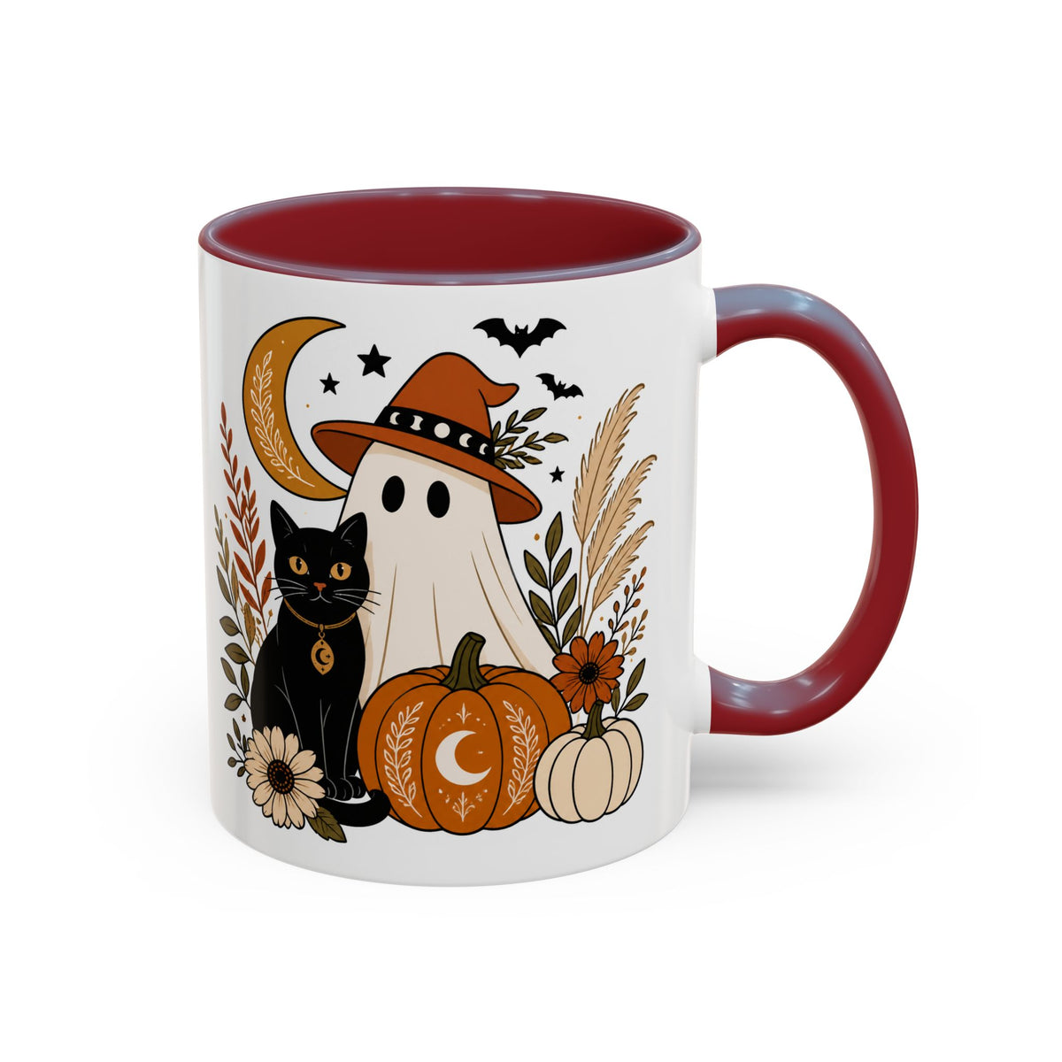 Halloween Ghost & Black Cat Accent Coffee Mug — Spooky Pumpkin Fall Coffee Cup (11/15oz)