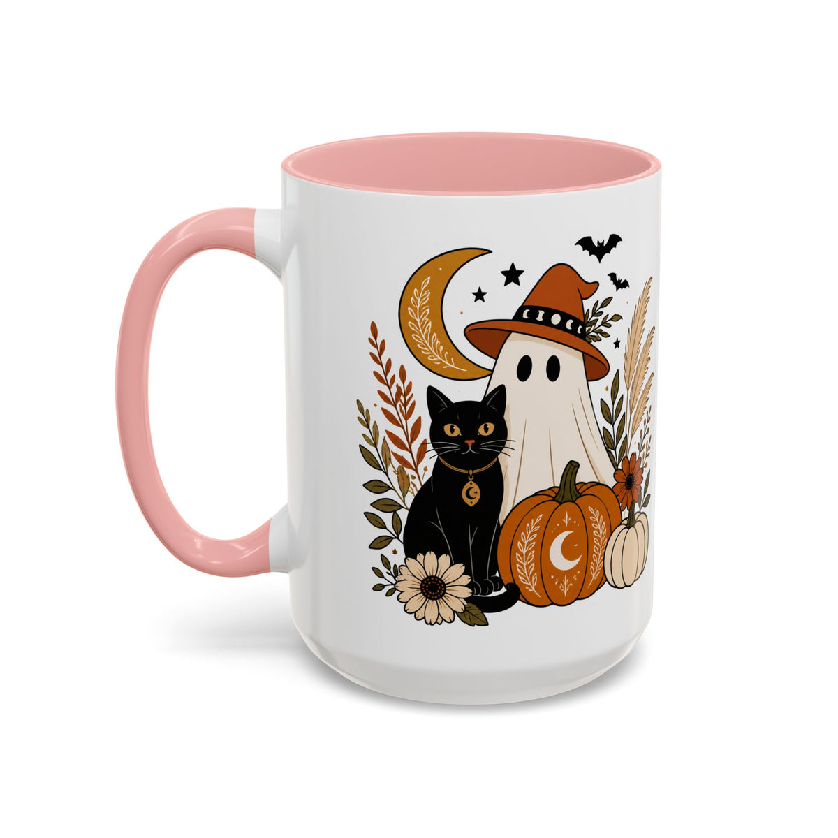 Halloween Ghost & Black Cat Accent Coffee Mug — Spooky Pumpkin Fall Coffee Cup (11/15oz)