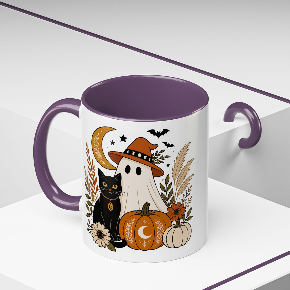 Halloween Ghost & Black Cat Accent Coffee Mug — Spooky Pumpkin Fall Coffee Cup (11/15oz)