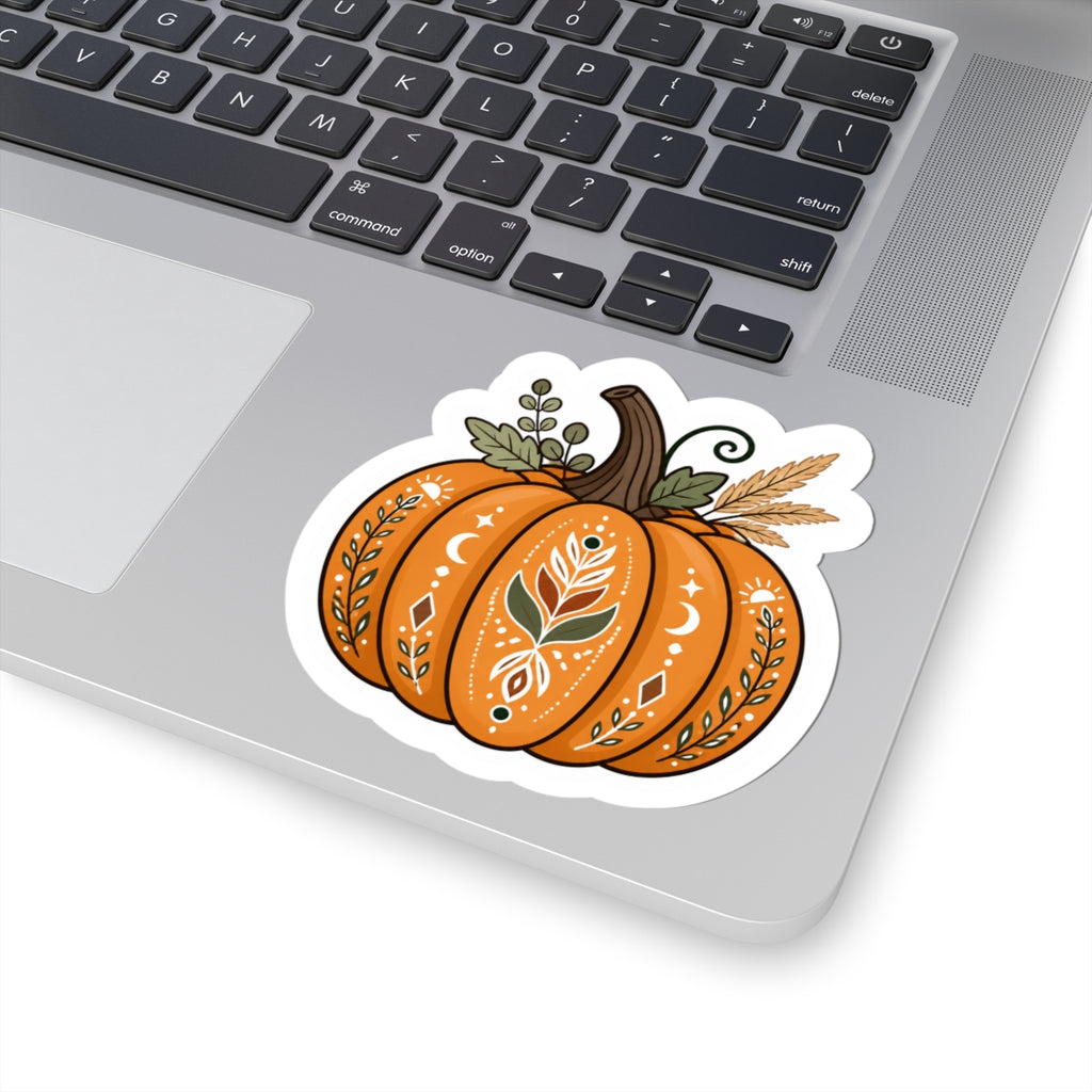 Autumn Boho Pumpkin Sticker — Fall Floral Kiss-Cut Decal