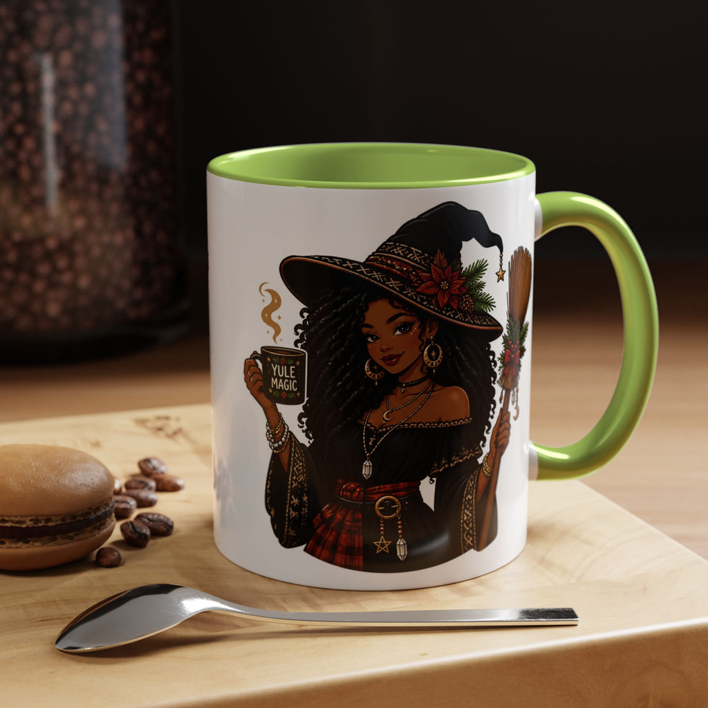 Witchy Christmas Coffee Mug with Black Witch and Broom Design